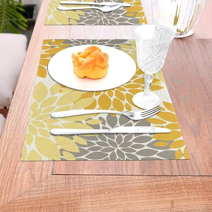 Boho Placemats 12x18 Inches Set of 4, Yellow Gray Dahlia Floral Decorative Place mats Fall Rectangle Flower Table Mats for Party Home Kitchen Dining Table Decor