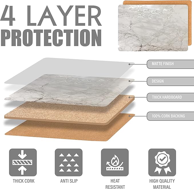 Dainty Home Foiled Granite Thick Cork Heat Resistant Dining Table Placemats Set of 2, 12" x 18" Rectangle, Marbled Silver, 2 Count - 2MC1218SI
