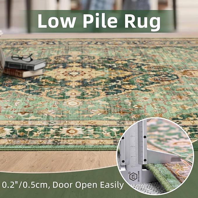 Deerly Green Rug 8x10 Area Rug for Living Room Bedroom Washable Rugs Large Boho 8x10 Rug for Dining Room Carpet Non-Slip Distressed Carpet Rugs Print Floor(Border Green)
