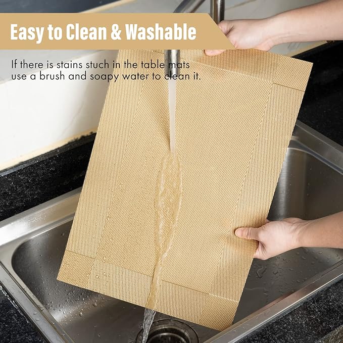 Winknowl Placemats Set of 4, Washable Vinyl Woven Placemats, Heat Resistant & Wipeable Table Mats for Kitchen Dining Table (Golden)