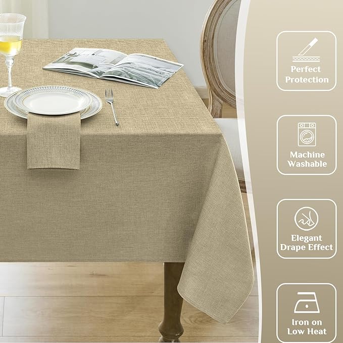 Softalker Rectangular Tablecloth 60x120 inch Faux Linen Table Cloth Outdoor Waterproof Stain and Wrinkle Resistant Table Cover for 6/8/10 Foot Rectangle Large Tables for Party Graduation, Khaki