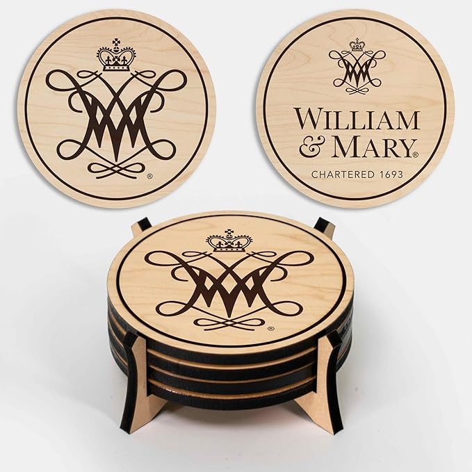 LazerEdge William & Mary Tribe Wooden Coaster Set - Maple Wood - Officially Licensed Product - 4-Pack