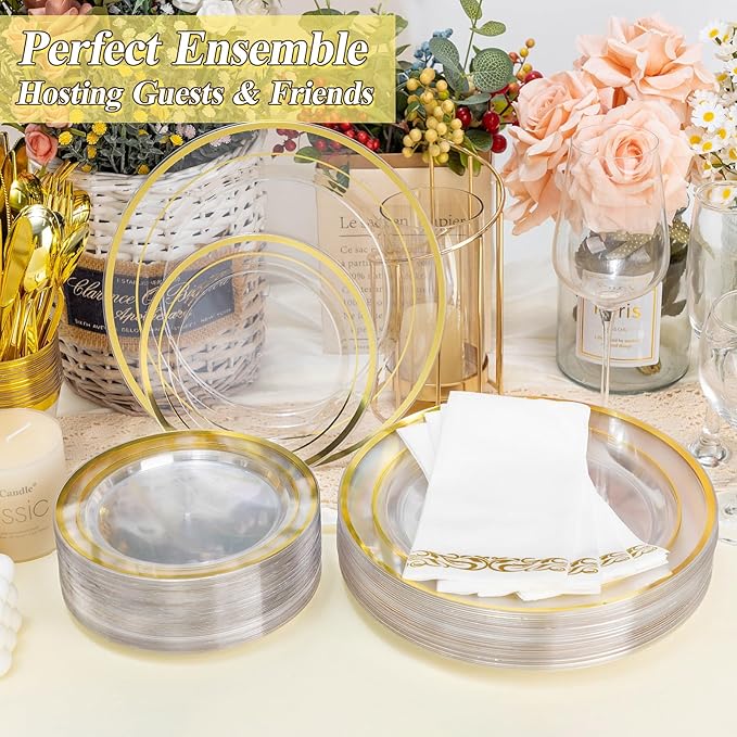 BESTSTAR 100PCS Clear Gold Plastic Plates Set, 50 10.25 inch Dinner Plates and 50 7.5 inch Dessert Plates, Disposable Plates for Party, Wedding