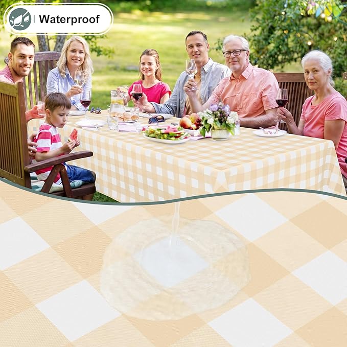 misaya Rectangle Waterproof Vinyl Table Cloth, Buffalo Flannel Backed Tablecloth, Wipeable Plastic Table Cover for Dinner, Kitchen, Outdoor (52" x 70", Beige and White)