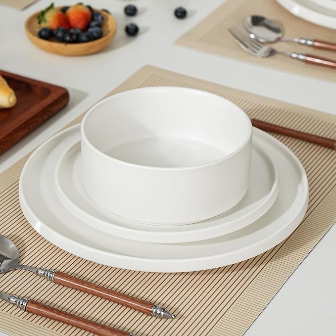 6 Piece Ceramic Dinnerware Set for 2, Modern Minimalist Stoneware Dinner Plates and Bowls, Microwave Safe, Dishwasher Safe, Versatile for All Seasons, Matte White