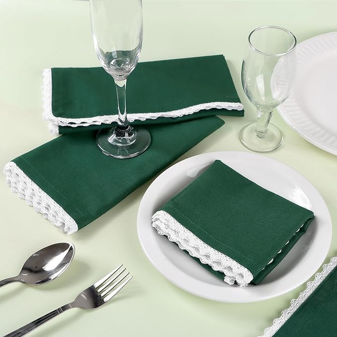 FINGERCRAFT Dinner Cloth Napkin Cotton Blend 4 Pack Vintage Rustic Premium Quality Mitered Corners Napkin Cloth with Elegant Lace for Everyday Use, Pre Shrunk and Good Absorbency 20x20 in Eden Green