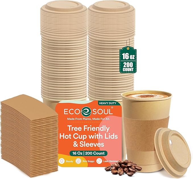 ECO SOUL 200 Pack 16 oz Disposable Coffee Cups with Lids & Sleeves Eco-Friendly, Biodegradable, Compostable, Leak-free & Sturdy To Go Hot Drink Cup for Tea, Chocolate Party Travel Cafe Office & Home