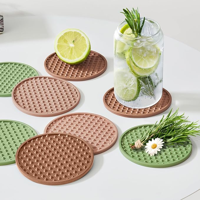 Coasters for Drinks, Silicone Coasters Set of 12 with ABS Holder, Outdoor Coaster for Coffee Table, Non-Slip Rubber Table Cup Mat Desk, Heat Resistant & Scratch-Proof (Green)