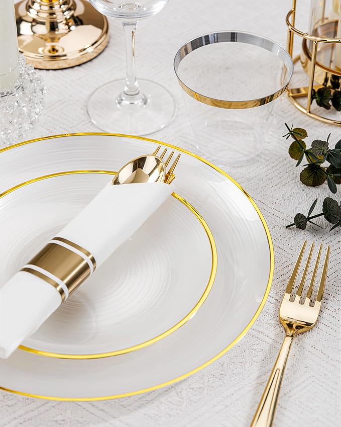 Morejoy 60Pcs Pearl White Plastic Plates,White Disposable Plates With Gold Rim,Heavy-duty Gold Plates, Modern swirl design Plate Include 30Clear Dessert-Platos,30Dinner-Platos for Party&Christmas