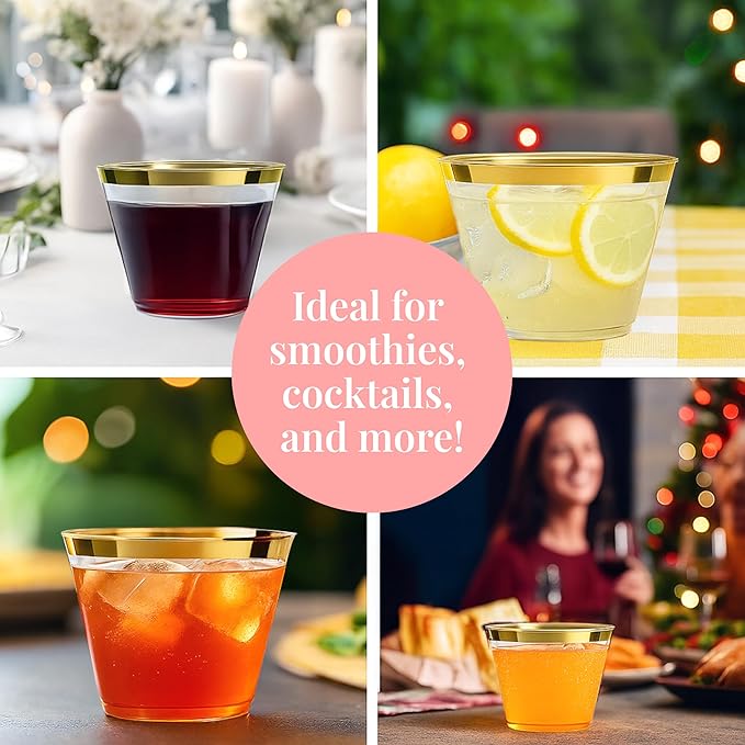 Prestee Hard Disposable Cups - Heavy Duty Fancy Plastic Cups - Plastic Cocktail Drinkware - Disposable Drinking Cup 9 oz - Bulk Drinking Glasses for Wedding - 200ct Gold Tumblers