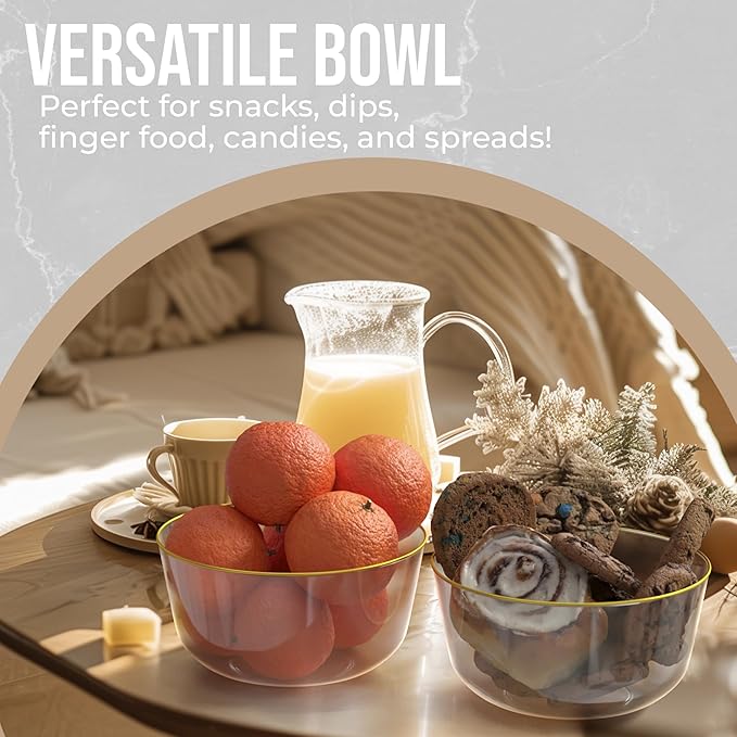 Trendables Clear Plastic Bowls - 24 Oz Set of 10, Gold Rimmed, Fancy Serving Bowls - Perfect for Ice Cream, Salad, Candy