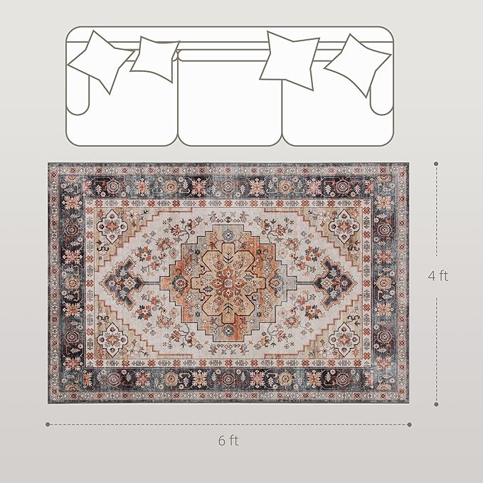 HOMCOM Washable Area Rug, 4'x6' Vintage Indoor Distressed Carpet, Retro Floor Cover Foldable, Floral Print Mat for Living Room, Bedroom, Dining Room, Tawny Brown