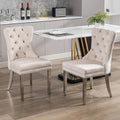 KCC Velvet Dining Chairs Set of 2, Upholstered High-end Tufted Dining Room Chair with Nailhead Back Ring Pull Trim Stainless Steel Legs, Contemporary Nikki Collection Modern Style for Kitchen, Beige