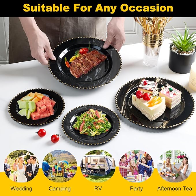 EI 60pcs Black Plastic Plates,Black and Gold Plastic Plates Disposable,Fancy Heavy Duty 10" Dinner & 7" Dessert Plate for Party,Birthday,Anniversary,Wedding,Afternoon Tea,Business Events,Banquets