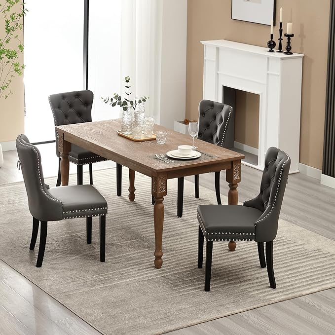 KCC Faux Leather Dining Chairs Set of 6, Upholstered High-end Tufted Dining Room Chair with Nailhead Back Ring Pull Trim Solid Wood Legs, Contemporary Nikki Collection Modern Style for Kitchen, Gray