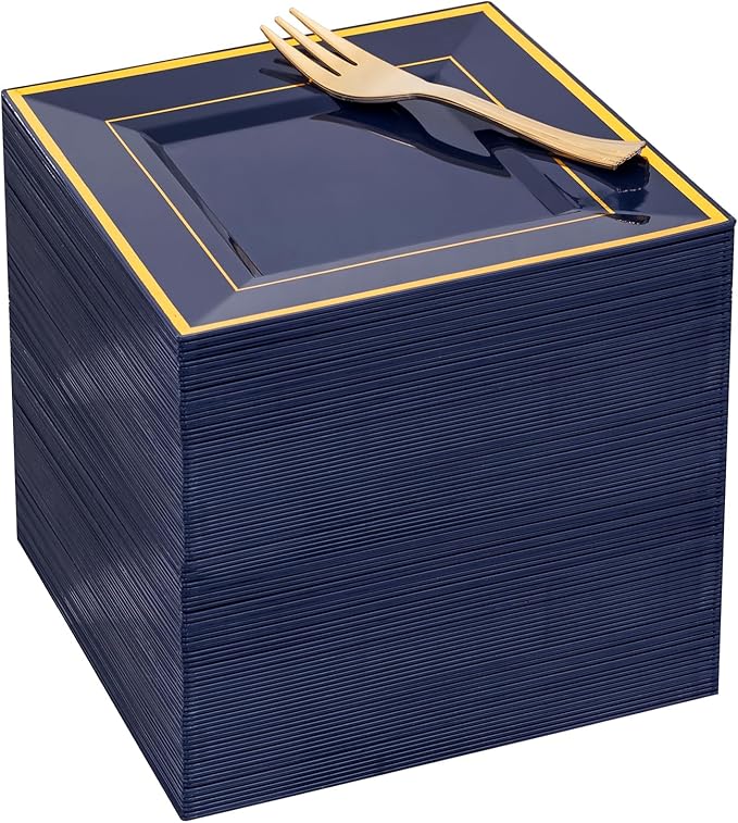 WDF 200PCS Blue Plastic Dessert Plates with Plastic Forks -6’’ 100 Square Disposable Appetizer Plates Small Cake Plates with Gold&100 Navy Blue Small Appetizer Forks for Party Wedding Birthday