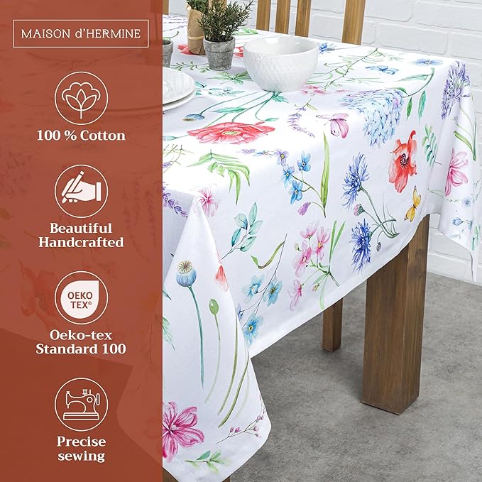 Maison d' Hermine Table Cloth Square Table 100% Cotton 54 x 54 Inches Tablecloth Reusable Decorative for Dining Room Farmhouse Home Valentines Day Decorations Spring Summer - Just Floral