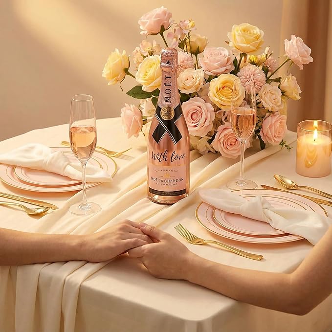 GATHER 700PCS Pink Plastic Plates - Gold Rim Disposable Plastic Dinnerware Set Include 200 Pink Plates, 300 Silverware, 100 Napkins, 100 Cups for Party & Wedding & Valentine's Day