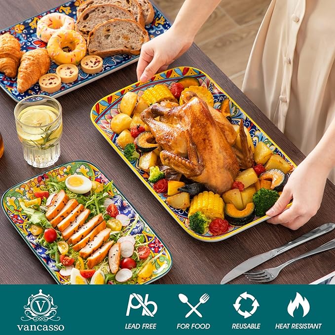 vancasso Serving Platters Set of 3, 16"/14"/12" Inch Rectangular Trays - Extra Large, Ceramic Bohemian Serving Dish for Entertaining Food, Microwave & Dishwasher Safe, Vintage