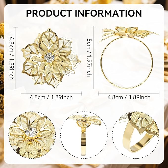 Gold Napkin Rings, Thanksgiving Christmas Napkin Rings Set of 12, Nickel-Plated Steel Table Decor for Festival Party - Floral