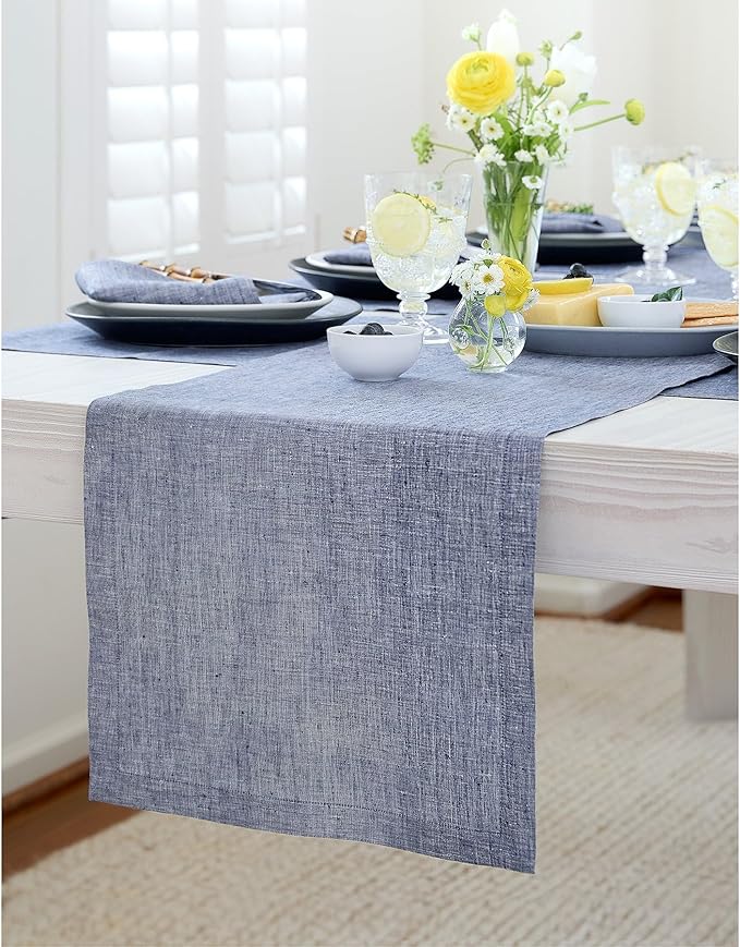 Solino Home Linen Chambray Indigo Table Runner 108 Inches Long - Athena, 100% Pure Linen 14 x 108 Inch Table Runner for Winter, Spring, Easter