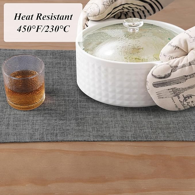SHACOS Washable Cloth Placemats Set of 6 Fabric Place Mats Double Layered Thick Faux Linen Placemat Non Slip Reversible Table Mats Home Wedding Table Decor, Dark Grey