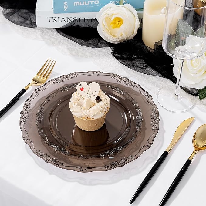 U-QE 100PCS Clear Black Plastic Plates - Heavy Duty Black Disposable Plates Including 50PCS 10'' Dinner & 50PCS 7.5'' Dessert Plates - Hard Plastic Platos for Party & Wedding & Bridal Shower
