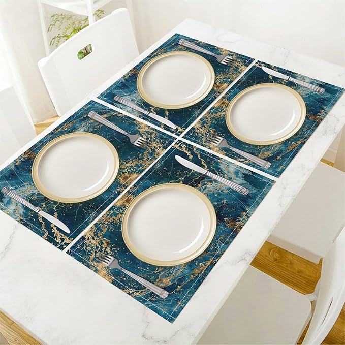 Marble Linen Placemats Set of 2, 12x17 Inch Modern Abstract Foil Stone Texture Royal Blue Gold Marble Table Mats Washable Fabric Place for Party Kitchen Wedding Dining Banquets Decor