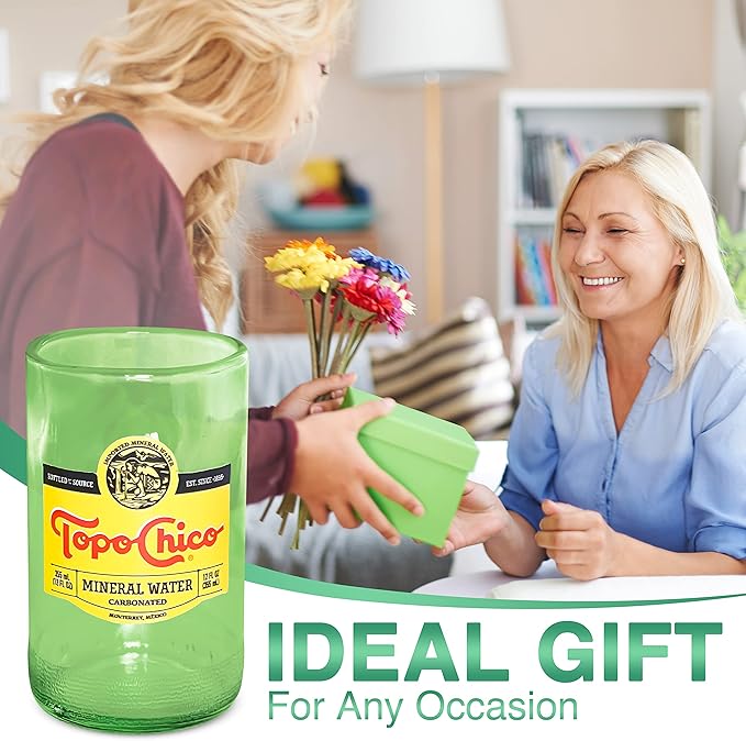 Topo Chico Drinking Glasses Green 8 Fl Oz Fire Polished Smooth Rim Upcycled (Set of 2) Gift - Glassware Sets - Glass Tumbler - Water Cocktail Wine Whiskey Tequila Glass - Cup - Drinkware