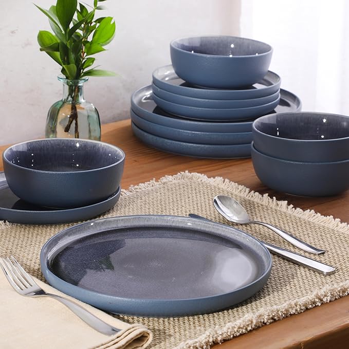 Gibson Elite Tahoe Sunset 12-Piece Reactive Stoneware Dinnerware Set – Matte Exterior & Shiny Interior Plates and Bowls, Durable Everyday Dish Set, Microwave & Dishwasher Safe - Blue
