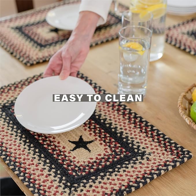 Homespice Primitive Star Gloucester Jute Braided Dinner Table Runner, Warm Primitive Decor, Set of 2, Black and Red Rectangle 8x28 - Rich Colors, Easy to Clean, Durable and Protects Furniture