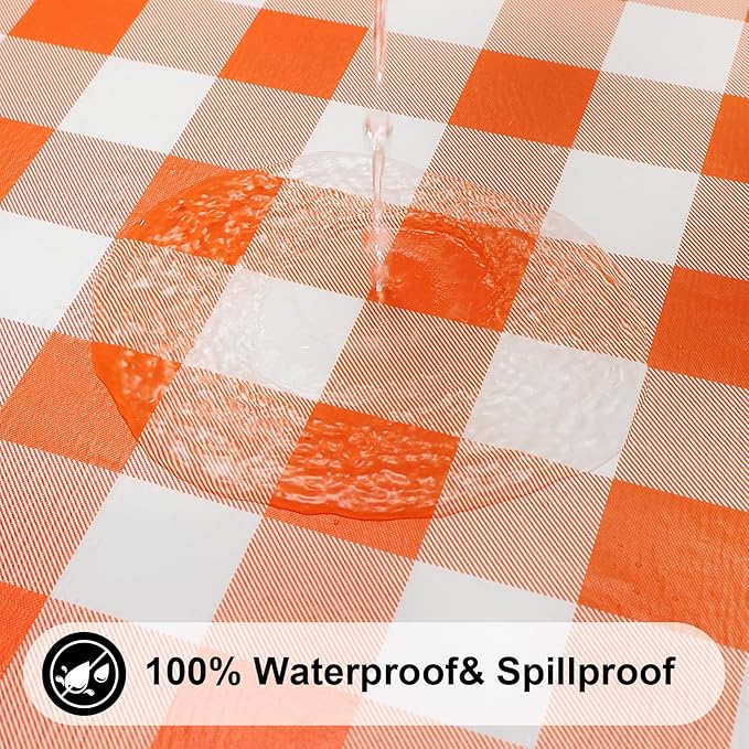 Smiry Rectangle Picnic Table Cloth, Elastic Waterproof Fitted Vinyl Tablecloths, Flannel Backed Buffalo Plaid Table Covers for Dining, Camping, Outdoor, Thanksgiving (White and Orange, 30" x 96")