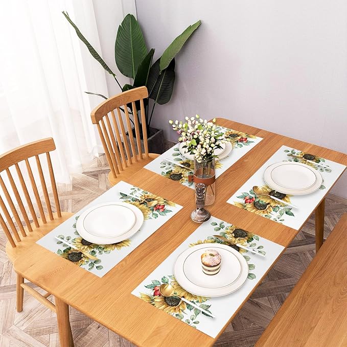 AOFOTO Sunflower Printed Placemats Set of 4 Spring Yellow Floral Leaves Fruit Printed Place Mats Washable Rectangular Table Mats for Party Home Kitchen Restaurant Dining Table Decor 12x18 Inch