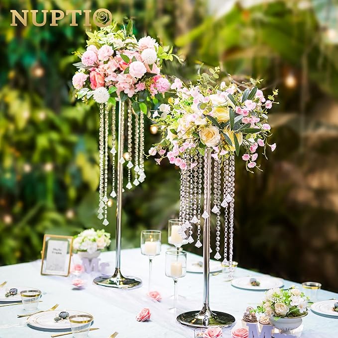Nuptio Wedding Centerpieces Silver Vases: 10 Pcs 27.6in Tall Crystal Flower Vase Metal Flowers Stand for Party Tables Decorations - Elegant Bulk Weddings Decoration Table Chandelier Centerpiece stands