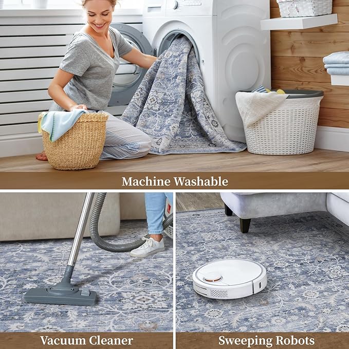 MontVoo-Vintage Area Rugs 8X10 Blue Rugs for Living Room-Soft Distressed Printed Rugs for Bedroom-Non Slip Carpet-Machine Washable Rug for Dining Room Living Room Bedside Office