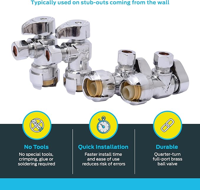SharkBite 1/2 x 3/8 Inch Compression Angle Stop Valve, Pack of 4, Quarter Turn, Push to Connect Brass Plumbing Fitting, PEX Pipe, Copper, CPVC, PE-RT, HDPE, 23036LFA4