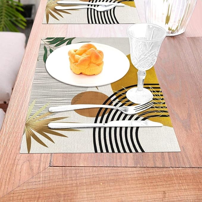 Mid Century Placemats 12x18 Inches Set of 4,Abstract Modern Boho Green Yellow Tropical Leaf Decorative Rectangle Table Mats for Party, Home Kitchen,Dining Table Decoration