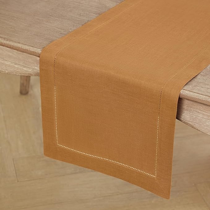 Solino Home Linen Table Runner 36 Inches - 100% Pure Linen Brown Sugar Hemstitch Table Runner 14 x 36 Inch Ideal for Dresser and Coffee Tables - Classic Hemstitch