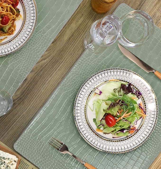 Jovono Faux Leather Placemats Set of 6, Waterproof Heat Resistant Dinner Place Mats for Dining Table, Non-Slip Crocodile Embossed, Green (17.8x11.8 Inch)