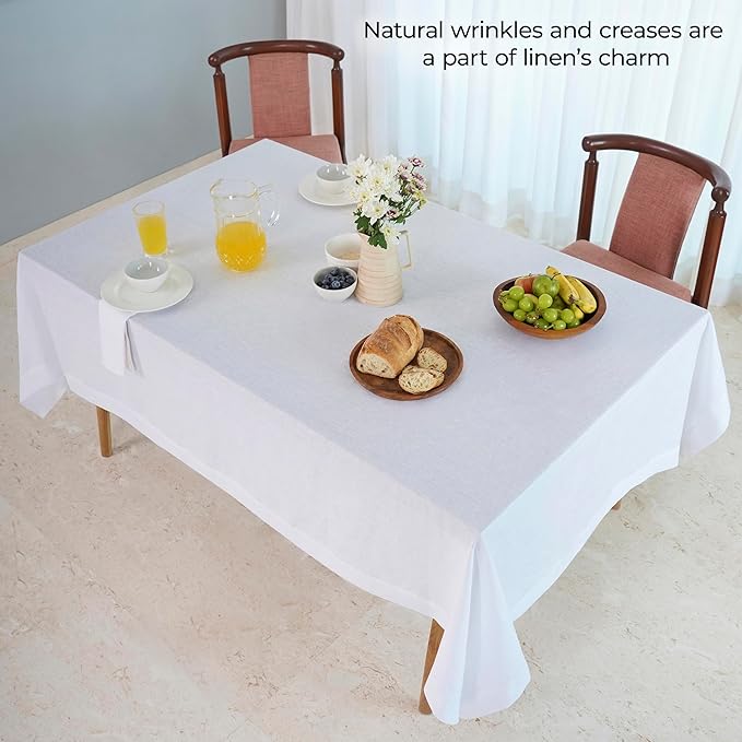 D'Moksha Homes White Linen Tablecloth 60 x 120 Inch - 100% Pure Linen Tablecloth for Rectangle Tables - Machine Washable Table Cloth for Valentines, Spring, Easter
