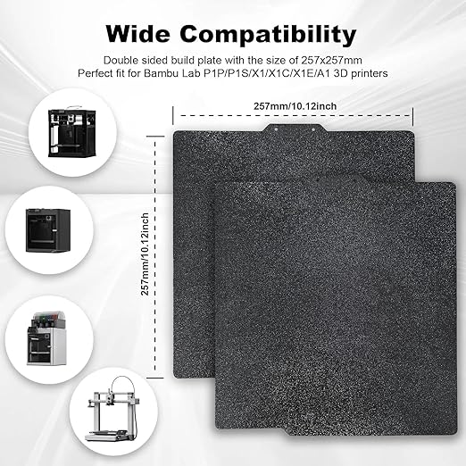 Double Sided Black PEI Build Plate for Bambu Lab X1/X1C/X1E/P1P/P1S/P2S/A1, Flexible Spring Steel Sheet for Bambu Lab 3D Printers Platform 257x257mm