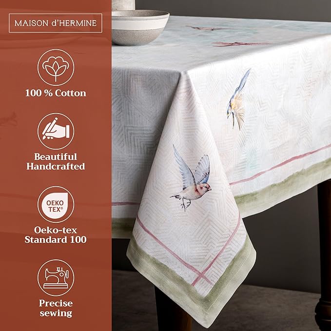 Maison d' Hermine Table Cloth Rectangle Table 100% Cotton 60 x 90 Inches Tablecloth Reusable Decorative for Dining Room Farmhouse Home Valentines Day Decorations Spring Summer - Flying Birds