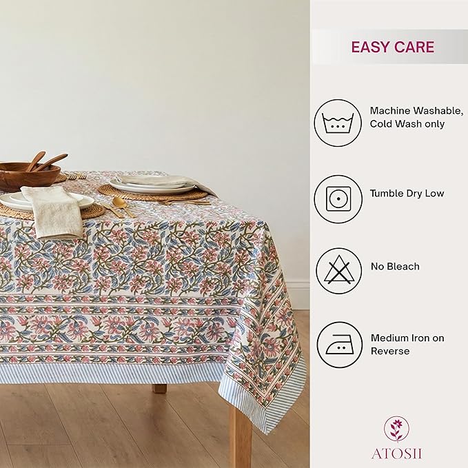 ATOSII Kalina 100% Cotton Rectangle Tablecloth, Handblock Floral Linen Table Cloth for Kitchen Dining Table I Parties Wedding Outdoors I Home Decor 60 X 108 Inches