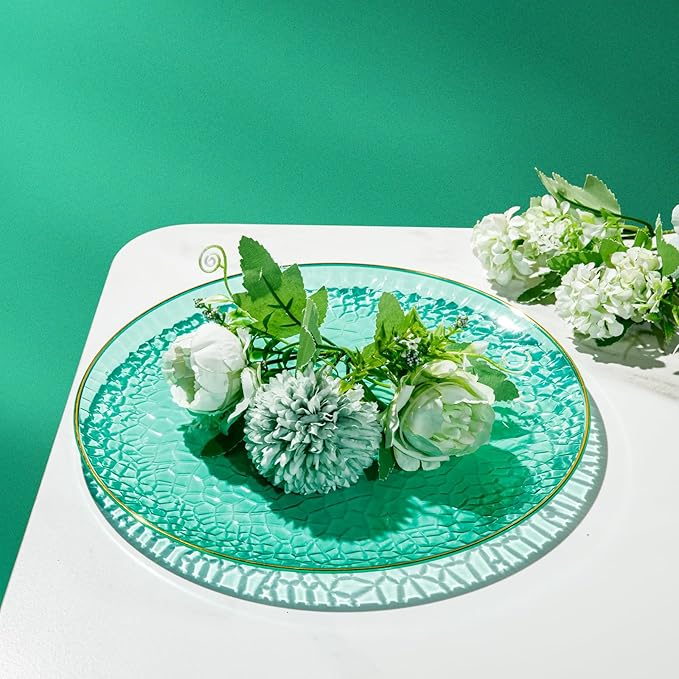 Hioasis 60pcs Green Plastic Plates - Gold Rimmed Disposable, Hammered, Heavy-duty Dinnerware Set Suitable for 30 Guests, 10.25" Dinner & 7.5" Dessert Plates for Party & St. Patrick's Day