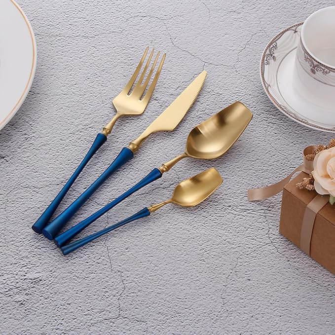 56 Piece Gold Silverware Set for 14，Durable 18/8 Stainless Steel Flatware Set Slim Waist Blue Handle Cutlery Set Utensils Include Spoons Knifes Forks Kitchen Wedding Restaurant