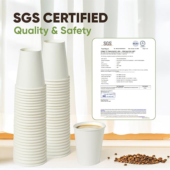 16 oz Paper Cups – 100 Pack with 50 Paper Straws | White Disposable Hot Cold Cups for Coffee, Tea & Cold Drinks | Paper Tested Under FDA 21 CFR 176.170 by SGS