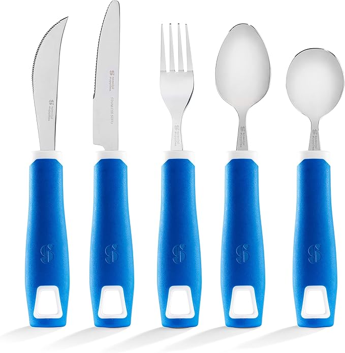 Special Supplies Adaptive Utensils 5-Piece Set Non-Weighted, Non-Slip Handles for Hand Tremors, Arthritis, Parkinson’s or Elderly Use - Stainless Steel Knife, Rocker Knife, Fork, Spoons - Blue