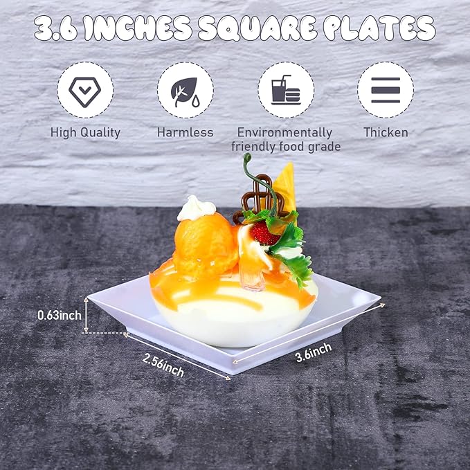 Zhehao 100 Pcs Plastic Dessert Appetizer Plates Disposable, 3.6 x 3.6 Inch Small Square Plastic Dessert Cake Plate for Party, Valentine's Day Wedding Birthday Bridal Baby Shower Supplies (White)