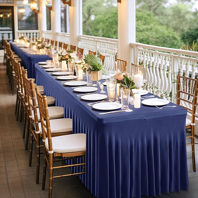 Wish Care 6 Pack Navy Blue Stretch Spandex Table Clothes for 6 Foot Rectangle Tables, 6FT Wrinkle Free Fitted Tablecloths Ruffles Design Table Cover for Party, Banquet, Wedding and Events