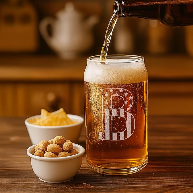 Monogram Beer Glasses for Men (A-Z) 16 oz - Beer Gifts for Men Brother Son Dad Neighbor - Unique Gifts for Him - Personalized Drinking Gift Beer Glass Mugs - Engraved Beer Can Glass (B)